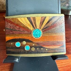 Vintage Masterpiece Belt Buckle D & K Sand Southwestern Wood & Turquoise Inlay